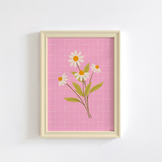 An illustration of a bunch of daisies, on a bright pink background, shown in a frame.