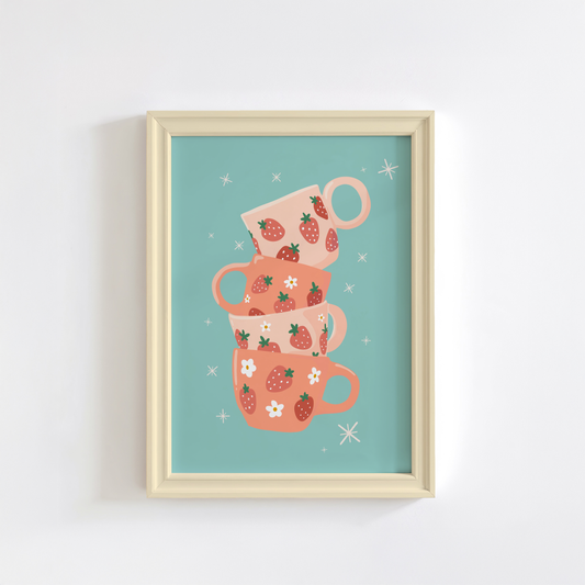 Strawberry Mugs Print (Teal) - Kitchen Wall Art