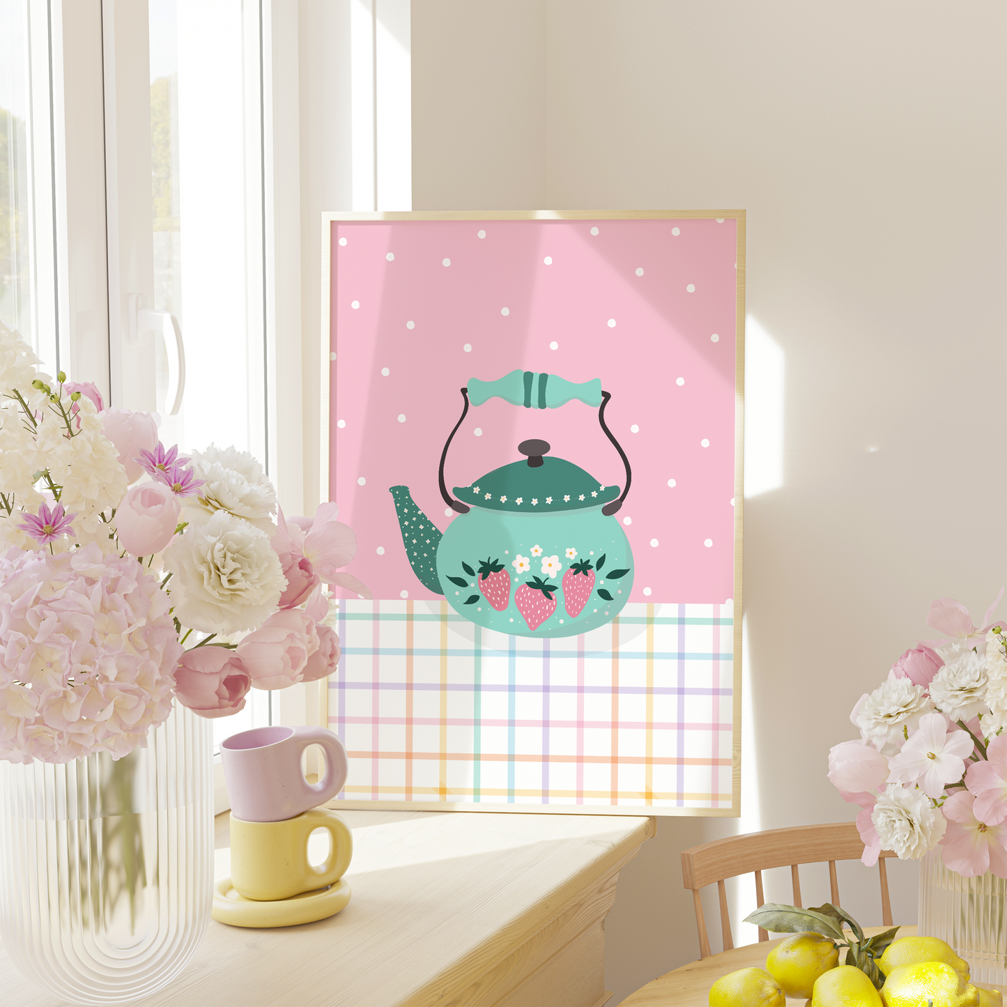 Strawberry Kettle Print in Pink & Teal