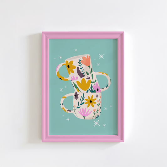 Stacked Floral Mugs Art Print – Teal Kitchen Wall Art