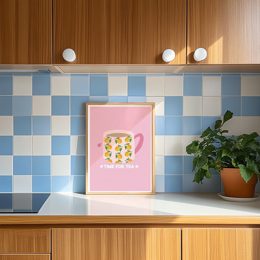 A pink print, with an illustration of a mug filled with tea. The mug has a lemon pattern on it and a pink handle. Underneath the mug are the words 'time for tea', written in white text.