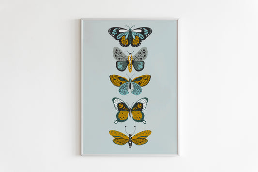 Five Butterflies Print in Blue