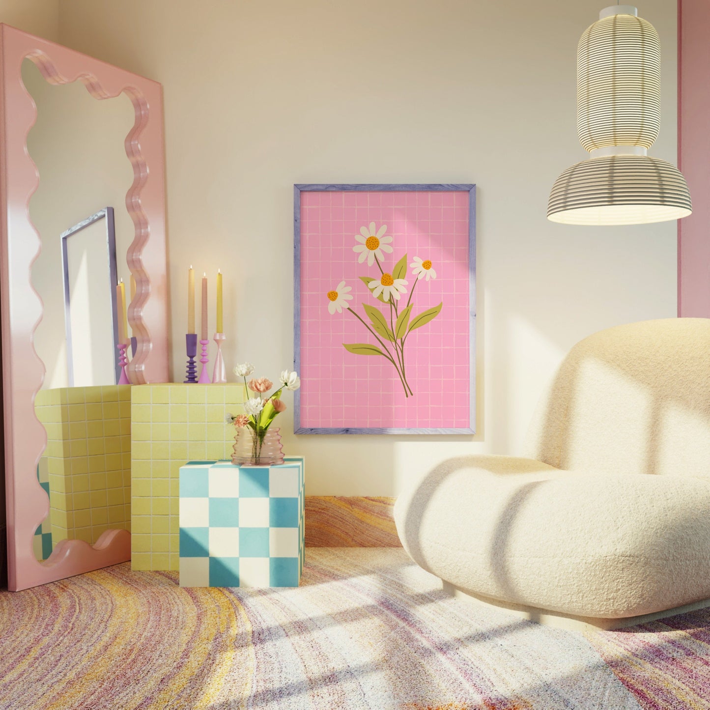 An illustration of a bunch of daisies, on a bright pink background, shown in a frame.