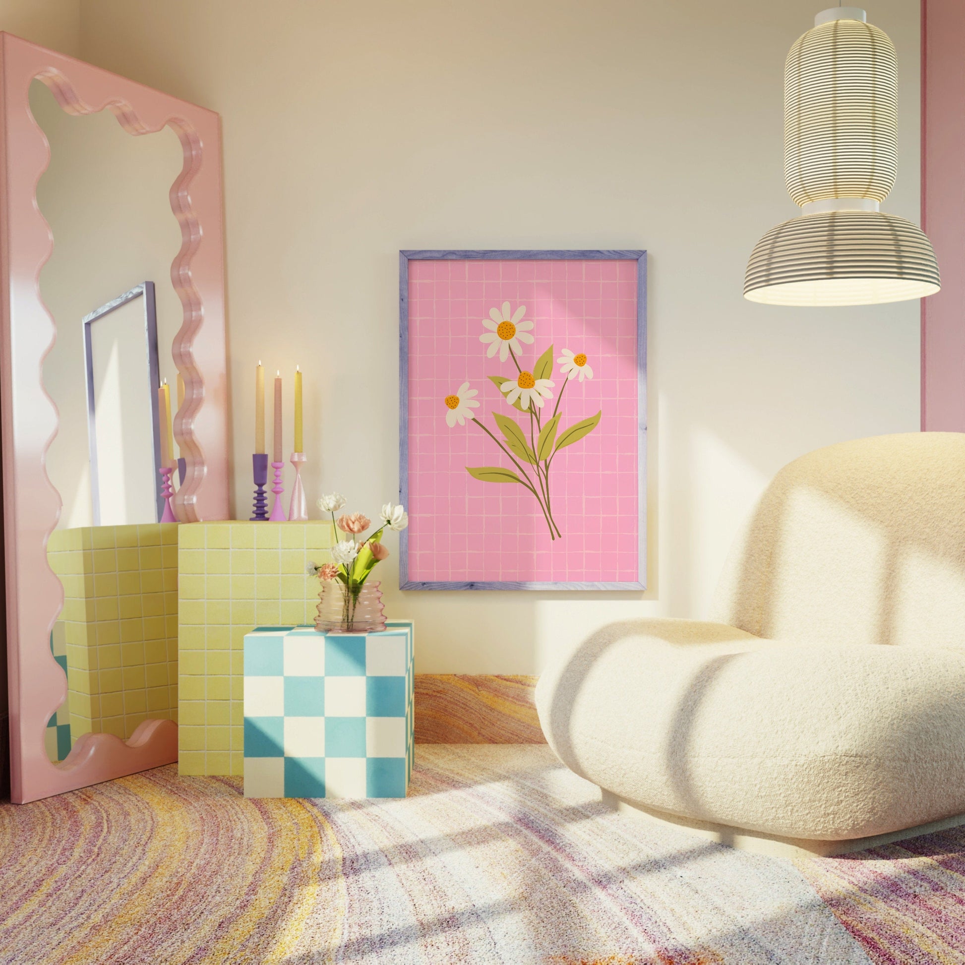 An illustration of a bunch of daisies, on a bright pink background, shown in a frame.