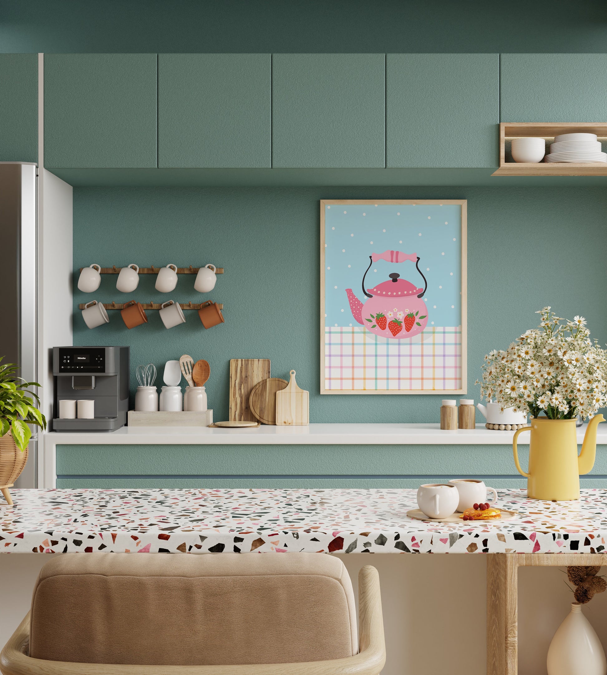 A fun kitchen print with an illustration of a kettle with strawberries on it, in pink and blue colours.