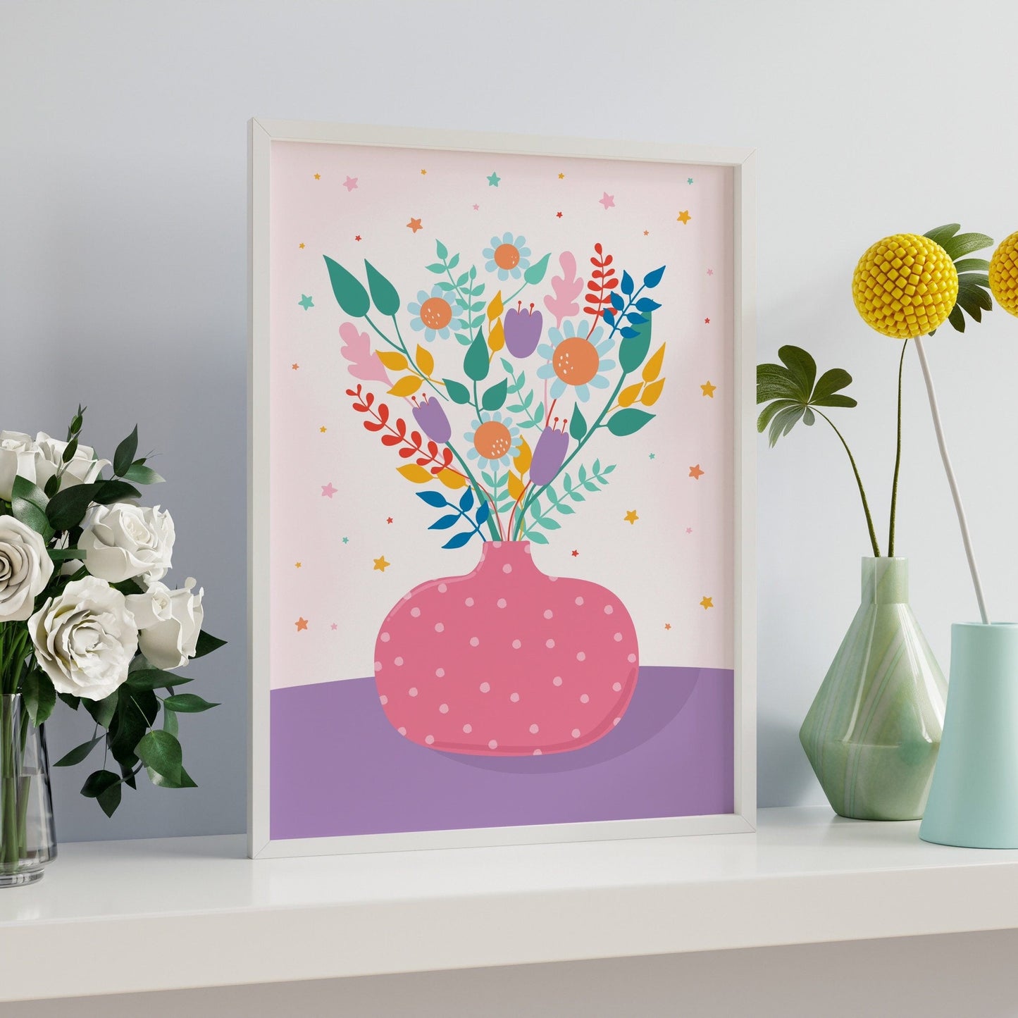 A pink vase with multi coloured flowers in, on a pale pink and purple background.