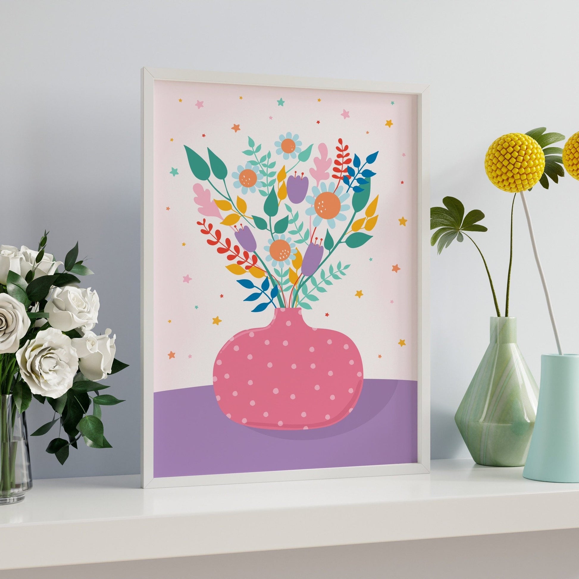 A pink vase with multi coloured flowers in, on a pale pink and purple background.
