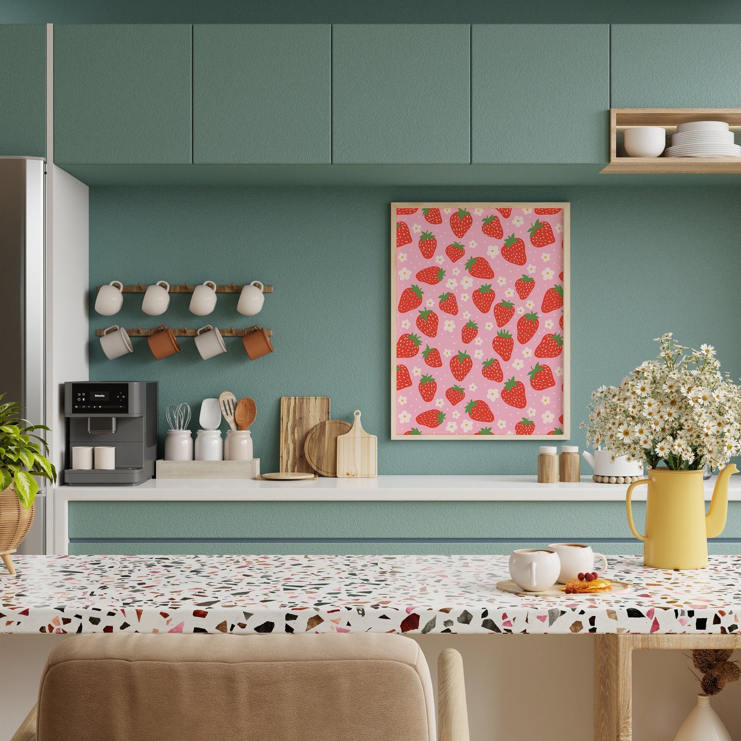 A vibrant pattern featuring strawberries and small white daisies, on a pink background.