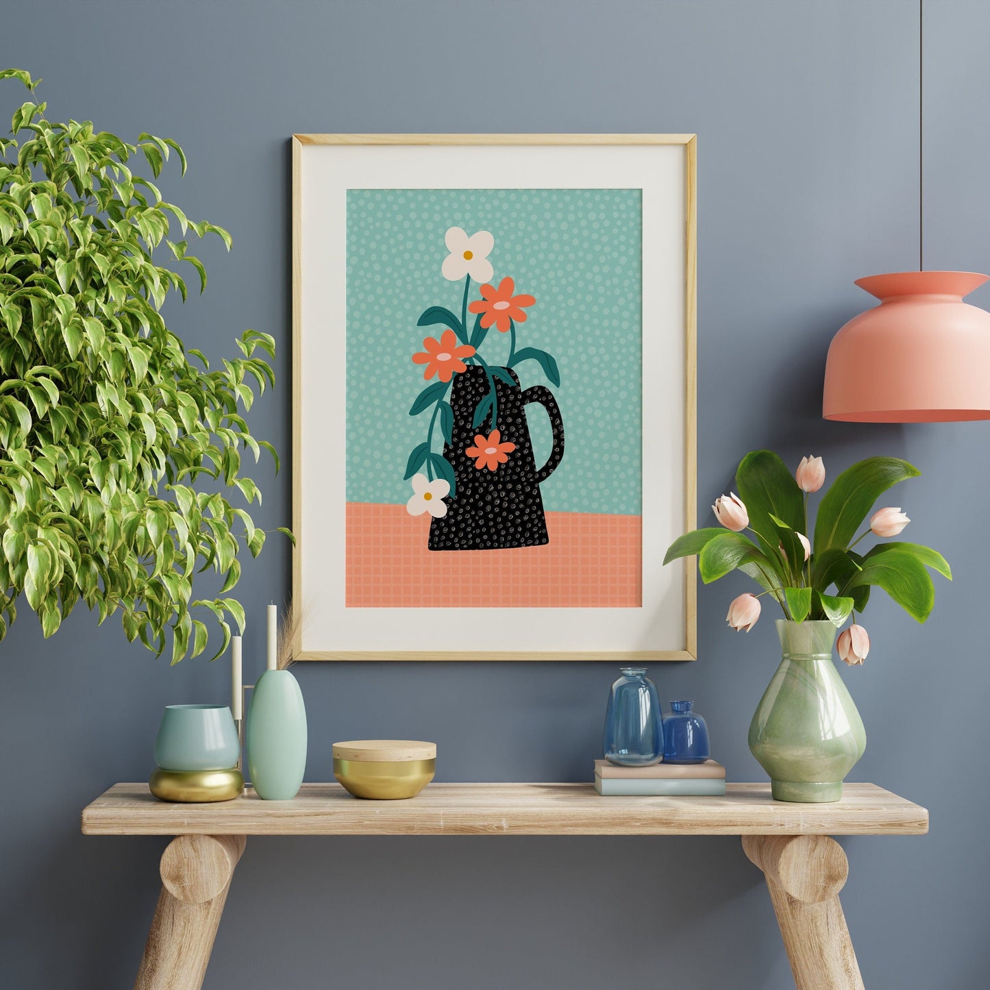 An illustration print of white and orange flowers, in a black patterned vase, set on a bright teal and orange background.