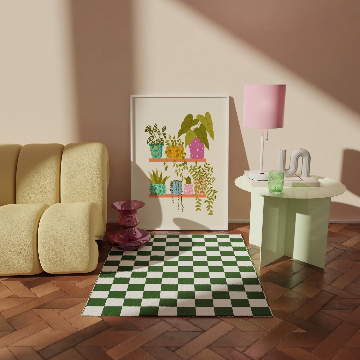 A cute botanical print, featuring several different house plants on two shelves in colourful plant pots.
