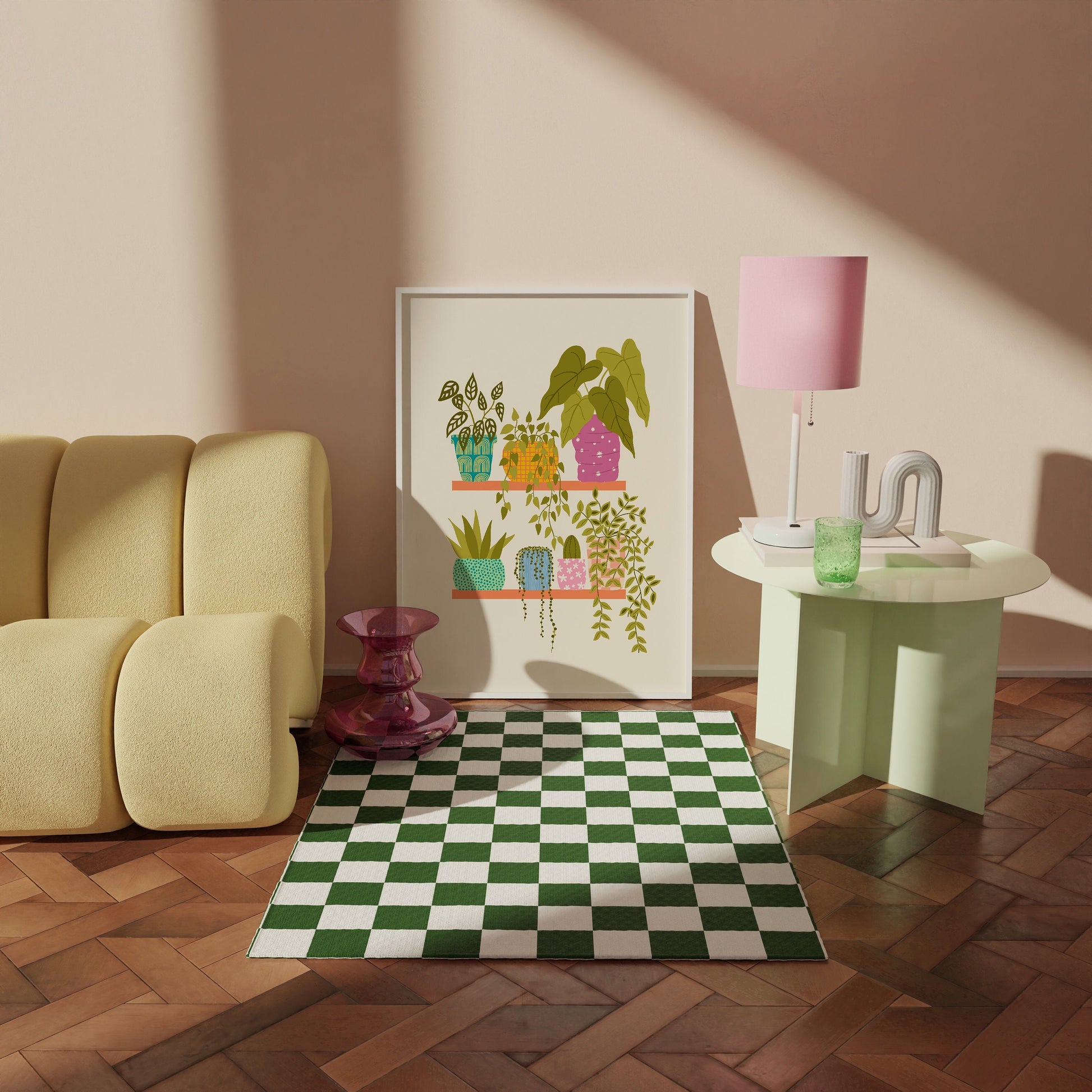 A cute botanical print, featuring several different house plants on two shelves in colourful plant pots.