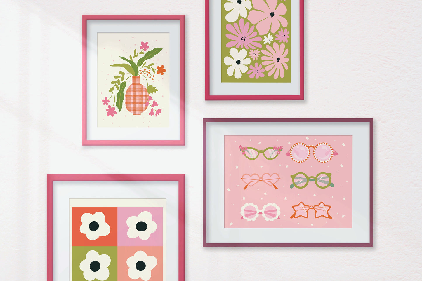 Pink And Green Retro Flowers Print
