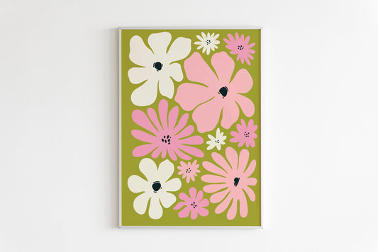 Pink And Green Retro Flowers Print