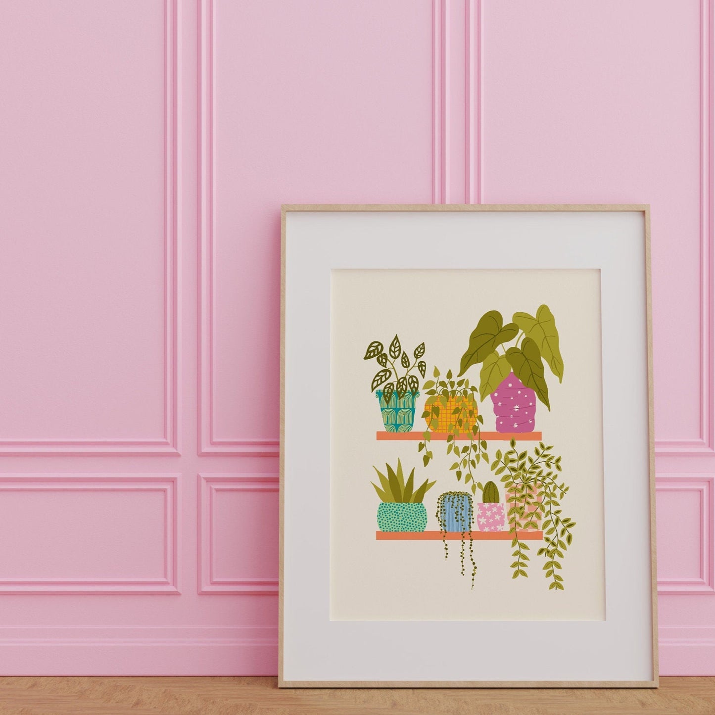 A cute botanical print, featuring several different house plants on two shelves in colourful plant pots.