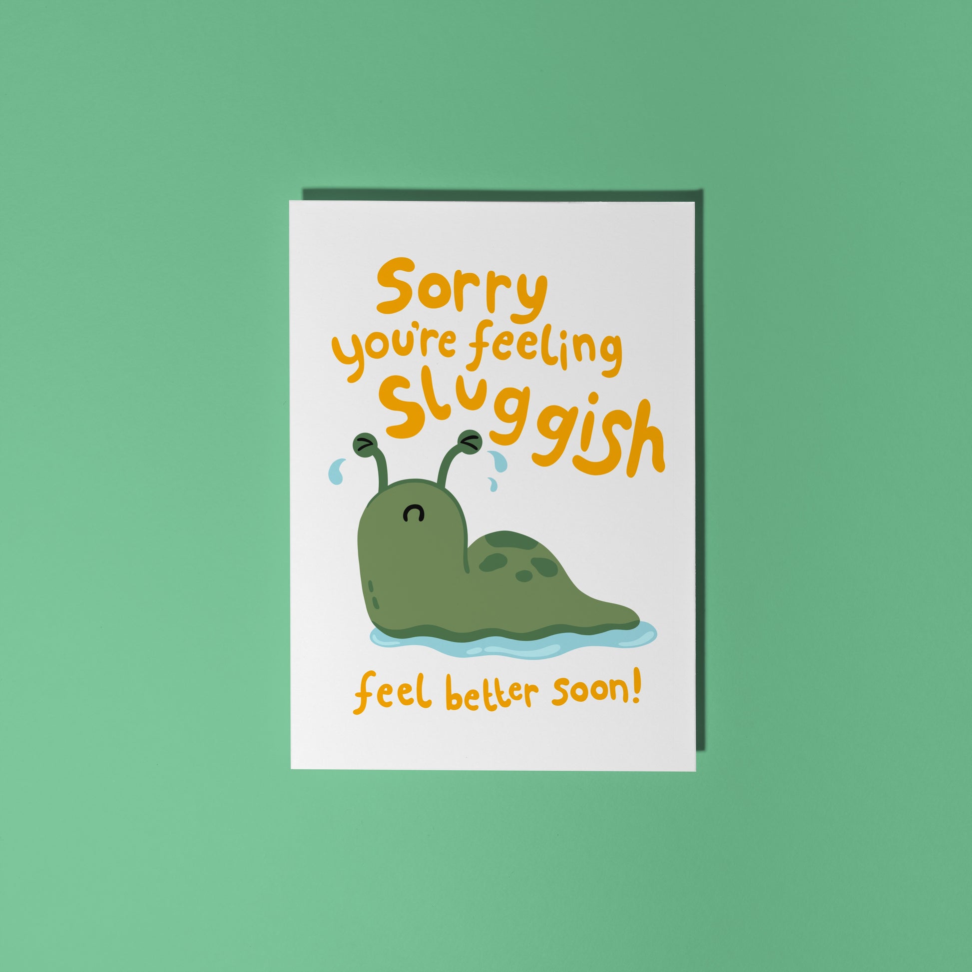 Card with a cartoon slug and text on a green background
