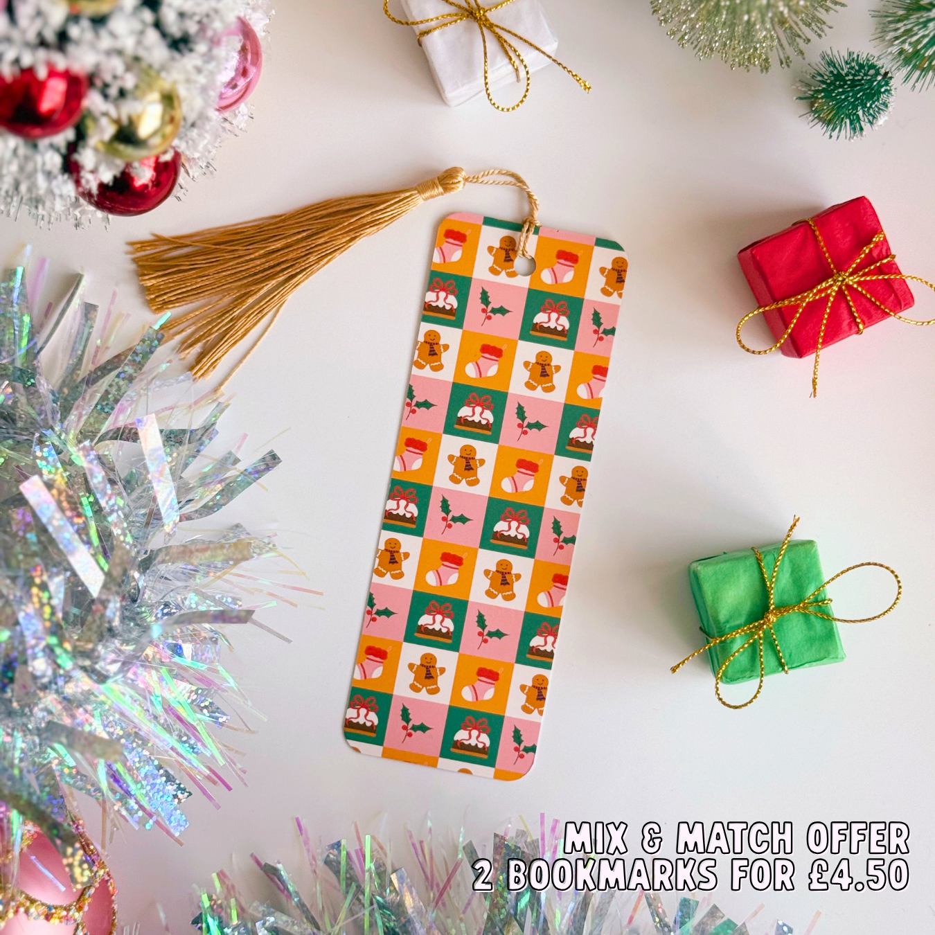 Christmas Checkerboard Pattern Bookmark with Tassel