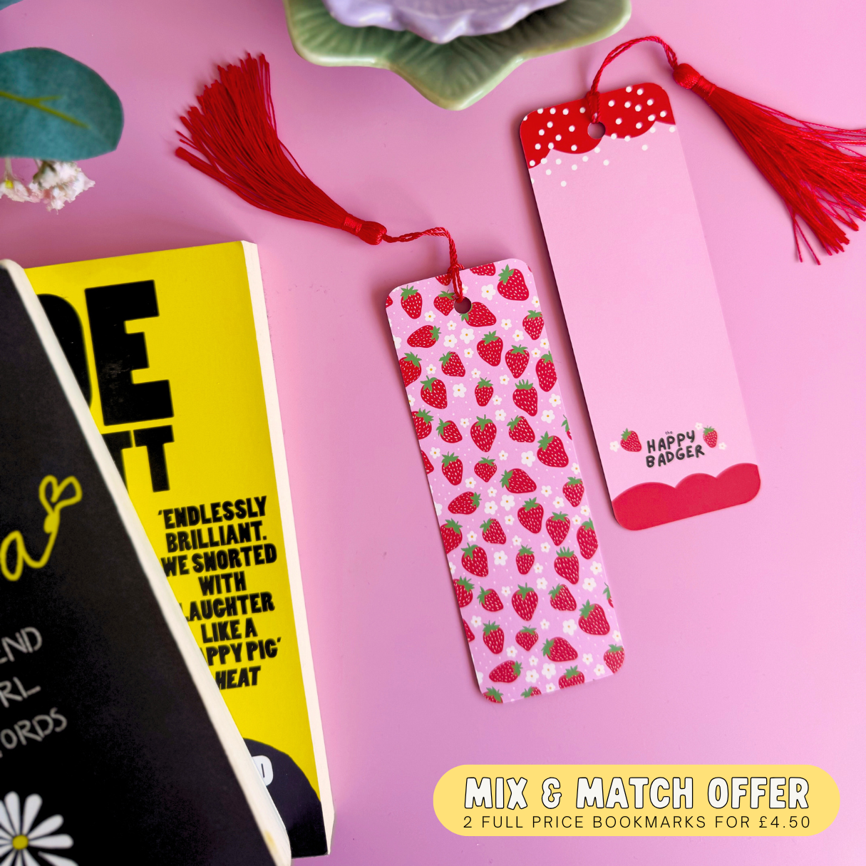 Strawberry Bookmark - Pink and Red Fruit Patterned Bookmark with Co-Ordinating Tassel