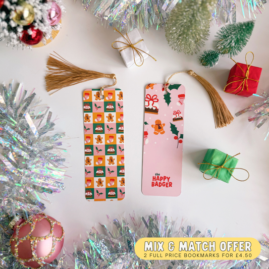 Christmas Checkerboard Pattern Bookmark - Bookmark with Co-Ordinating Tassel