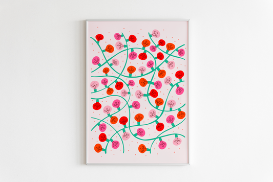 Christmas Fairy Lights Print in Pink & Red