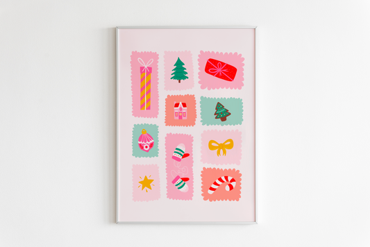 Christmas Stamps Print in Pink