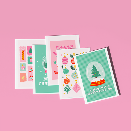 Illustrated Colourful Christmas Card Pack - Pack of 5 10 15 or 20