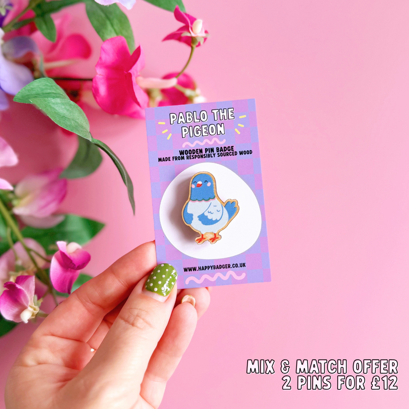 Pablo The Pigeon Wooden Pin Badge