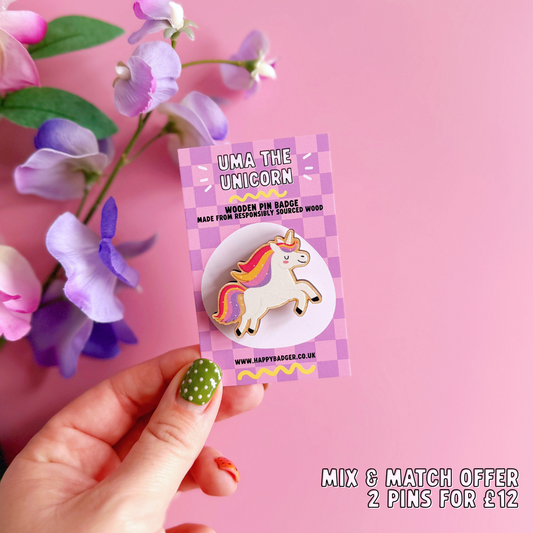 Uma The Unicorn Wooden Pin Badge