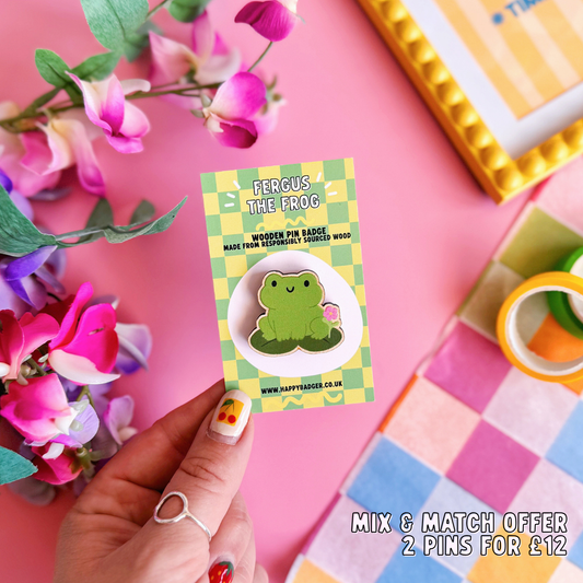 Fergus The Frog Wooden Pin Badge