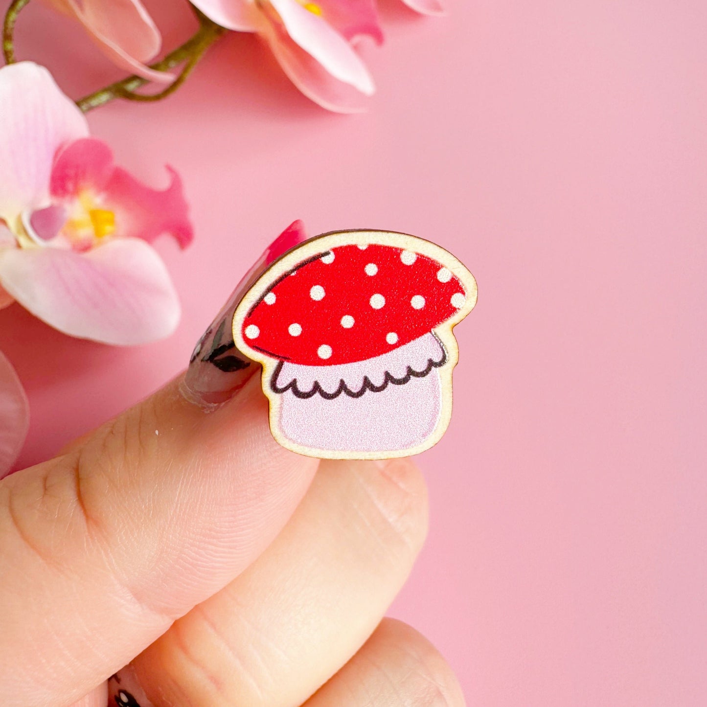 Set of 2 Tiny Mushroom Wooden Pin Badges