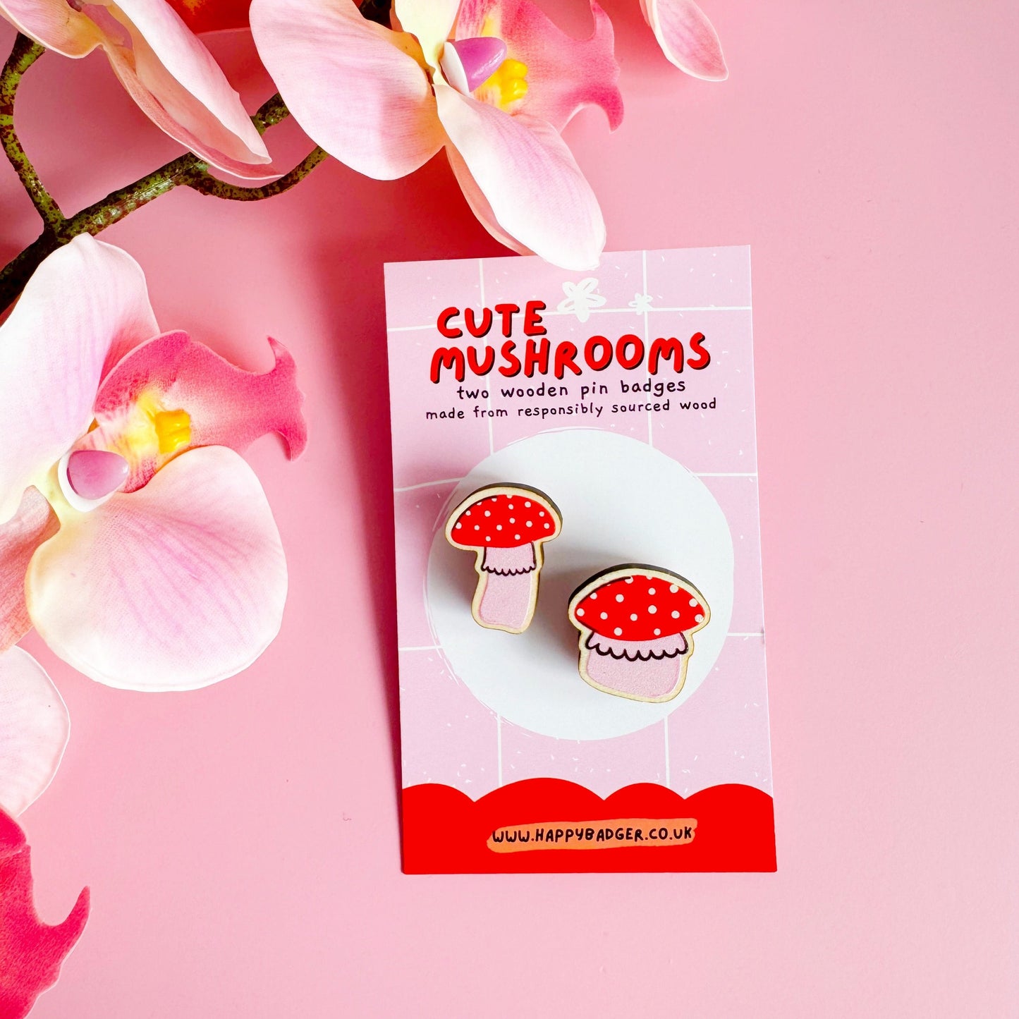 Set of 2 Tiny Mushroom Wooden Pin Badges