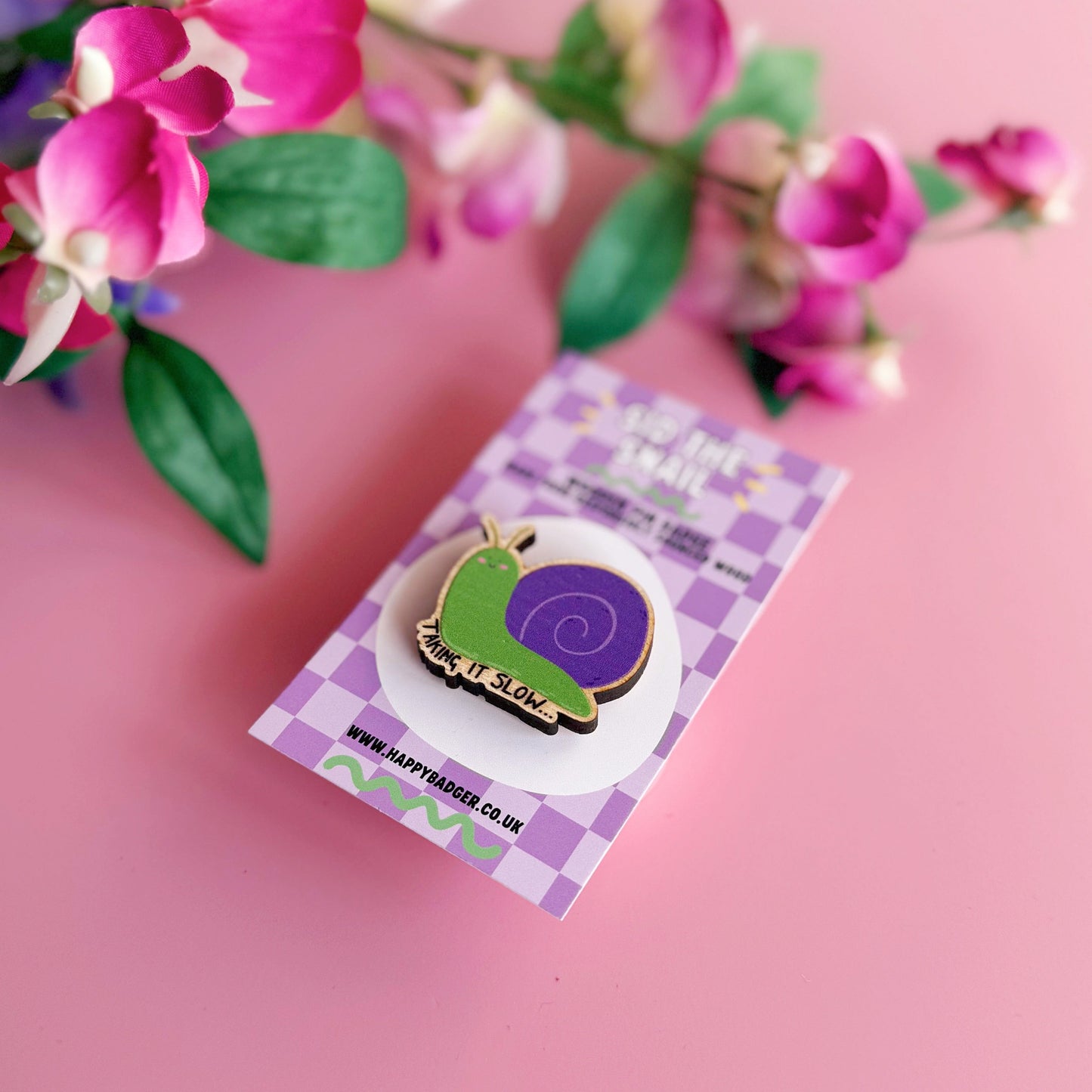 Sid The Snail Wooden Pin Badge