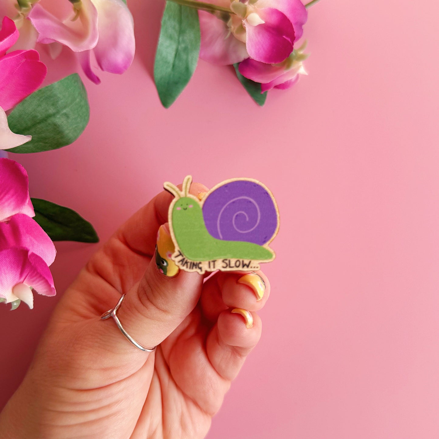 Sid The Snail Wooden Pin Badge