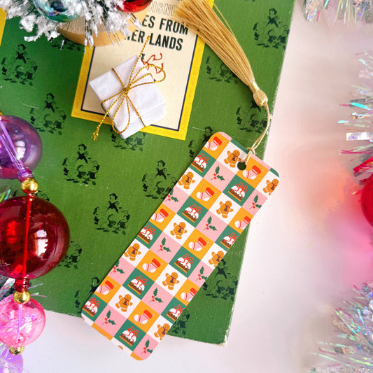 Christmas Checkerboard Pattern Bookmark with Tassel