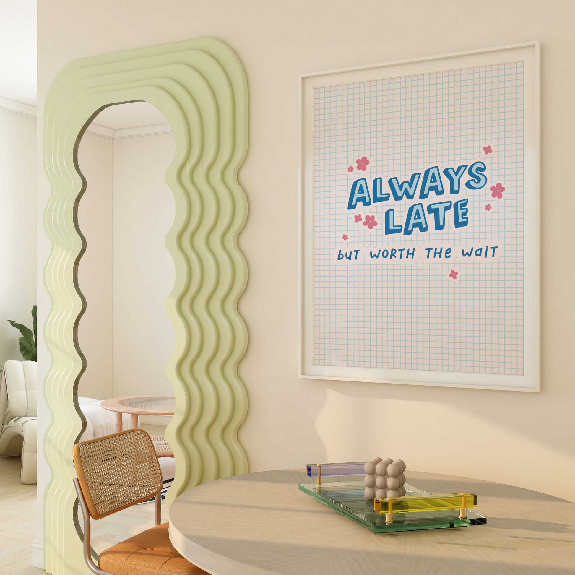 An illustration of a blue print, with a funny quote stating always late but worth the wait, shown in a frame.