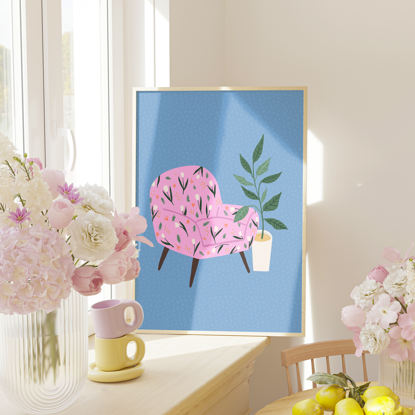 An illustration of a pink armchair, on a blue patterned background, next to a potted plant, shown in a frame.