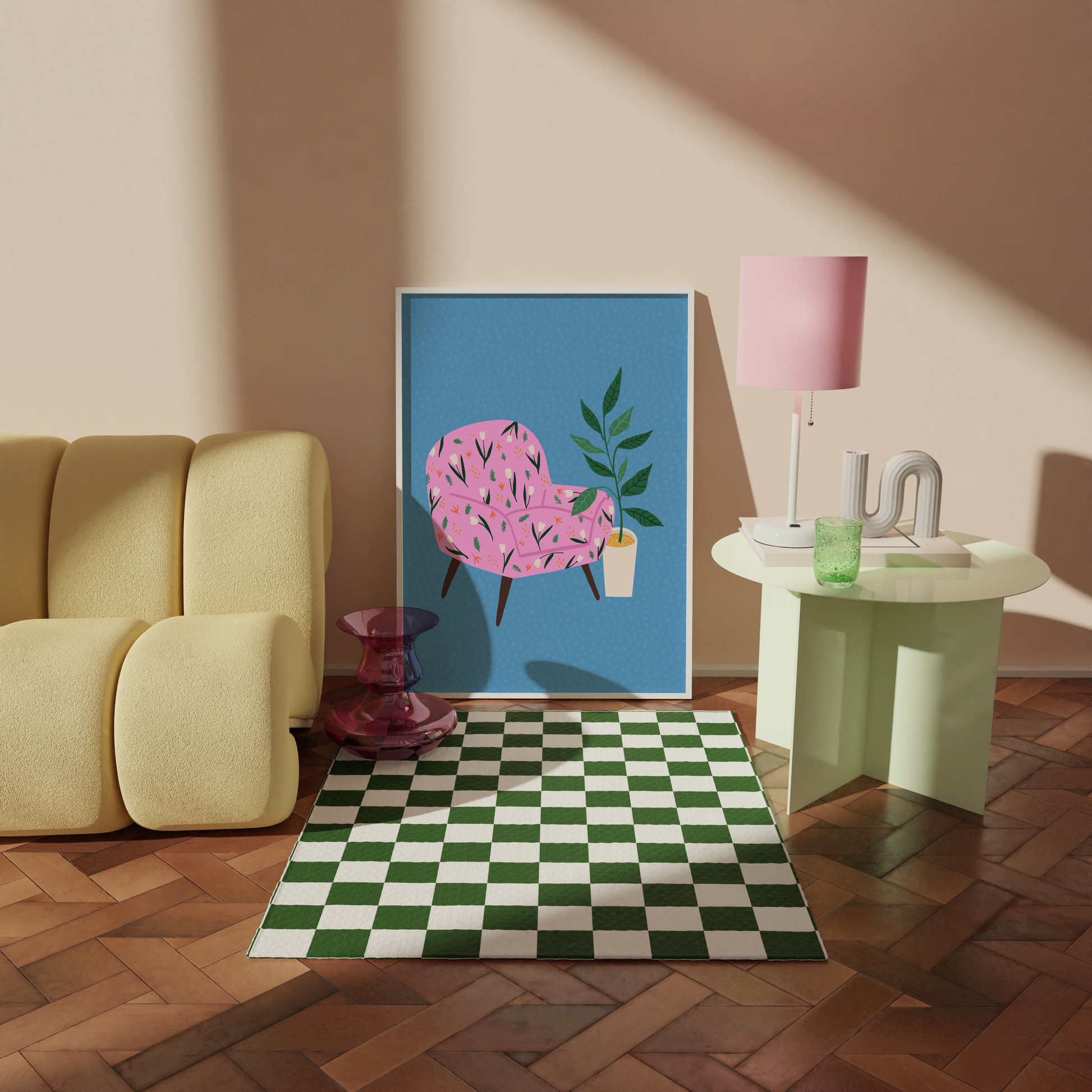 An illustration of a pink armchair, on a blue patterned background, next to a potted plant, shown in a frame.