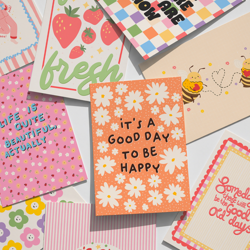 Collection of colourful prints with various messages and designs.