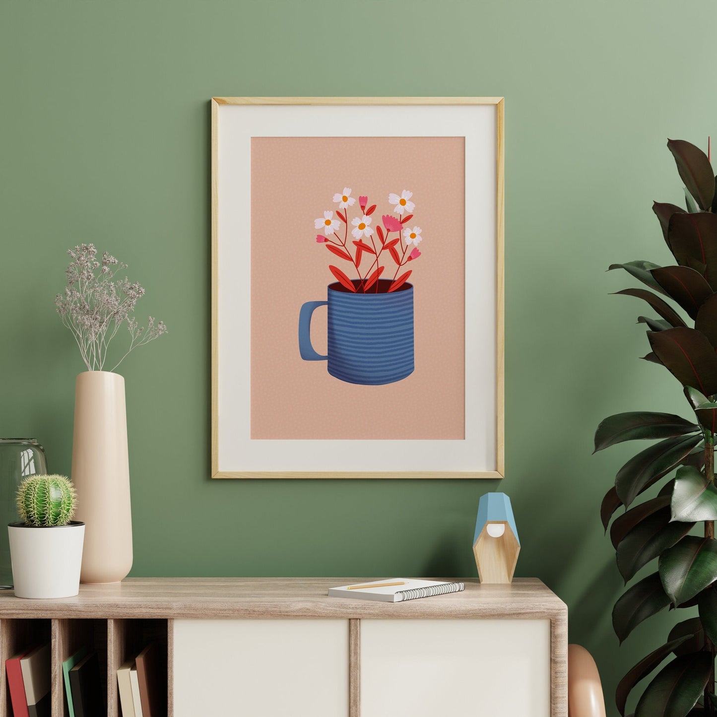 An illustration print of a blue striped mug, with a small posy of red, pink and white flowers in it, on a warm beige textured background.