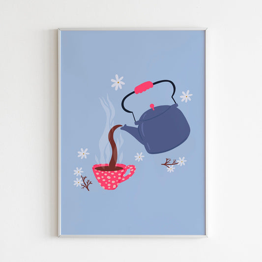 A blue print with an illustration of a navy kettle with a pink tea cup, surrounded by white flower detailing.