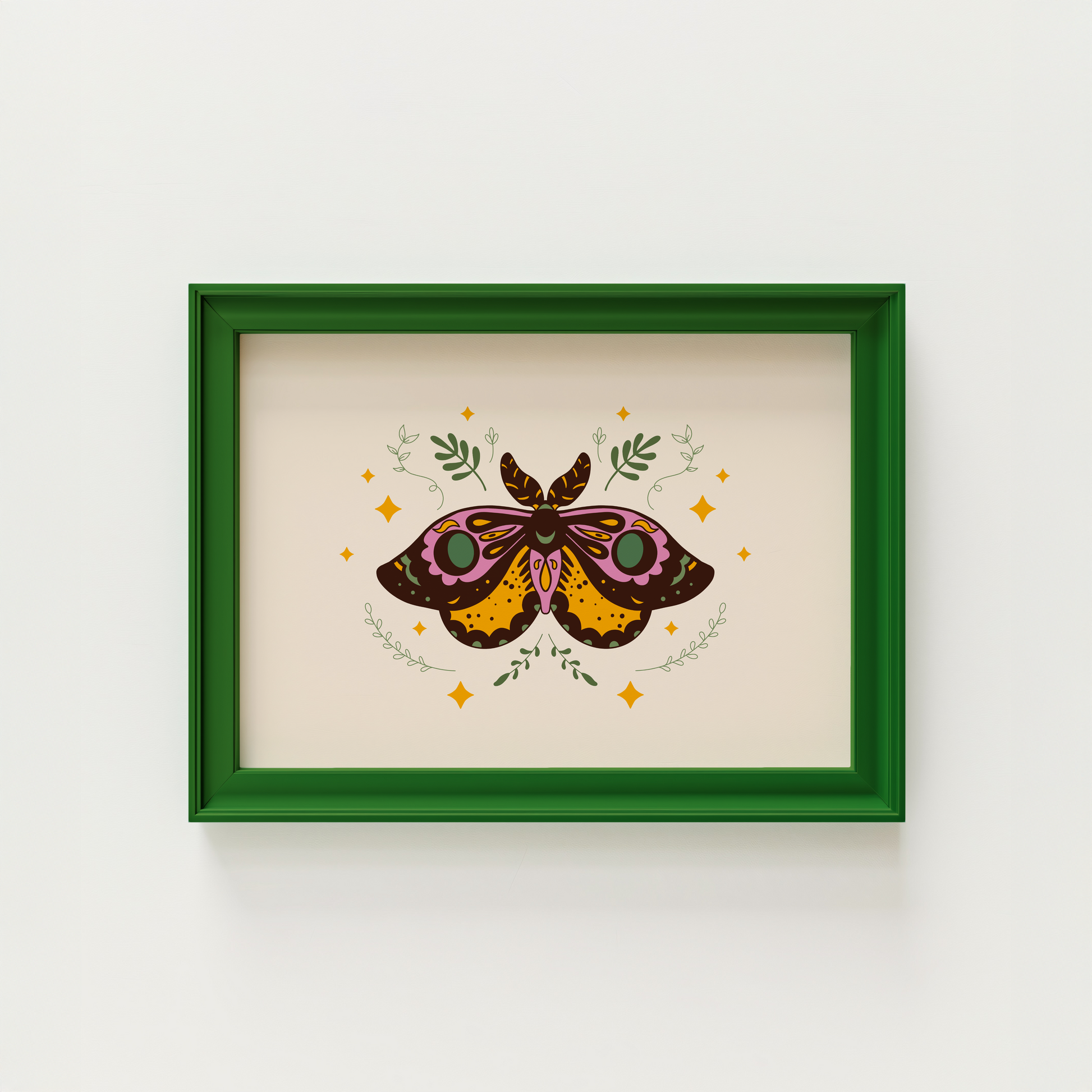 An illustration of a moth with ornate patterns on its wings. The colours are purple, mustard and teal with a neutral warm beige background.