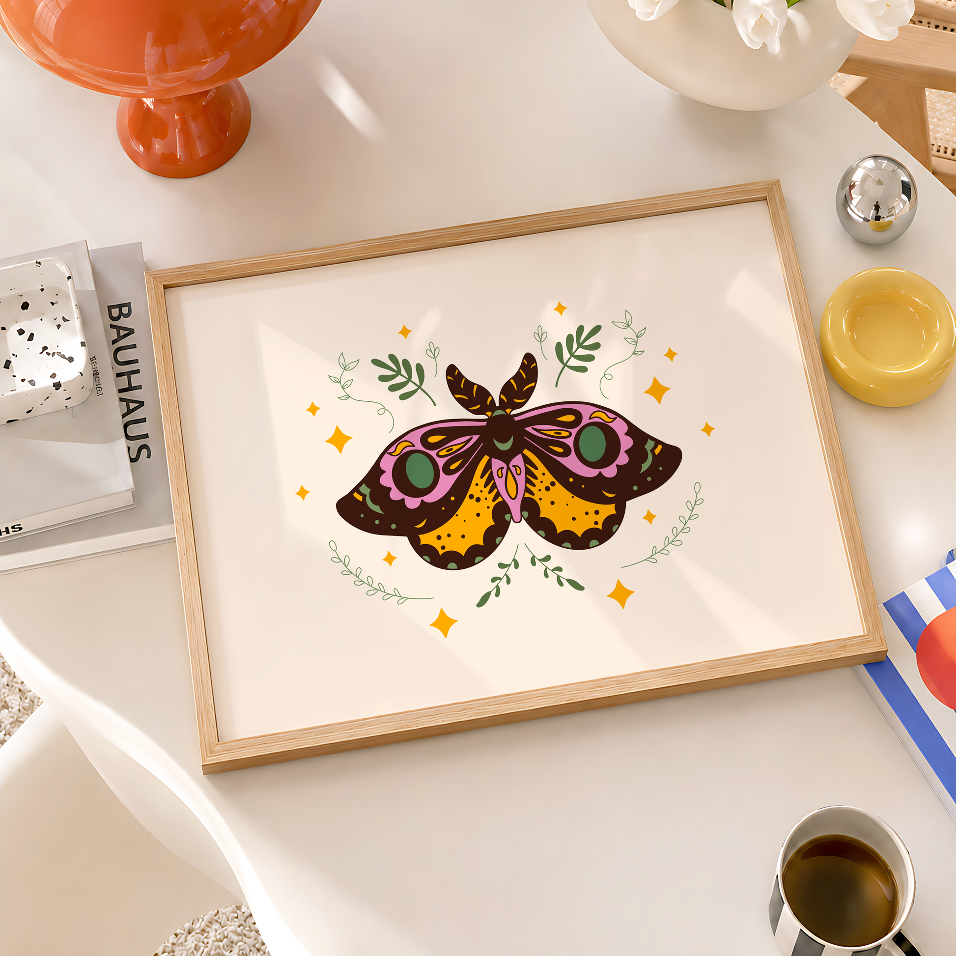 An illustration of a moth with ornate patterns on its wings. The colours are purple, mustard and teal with a neutral warm beige background.