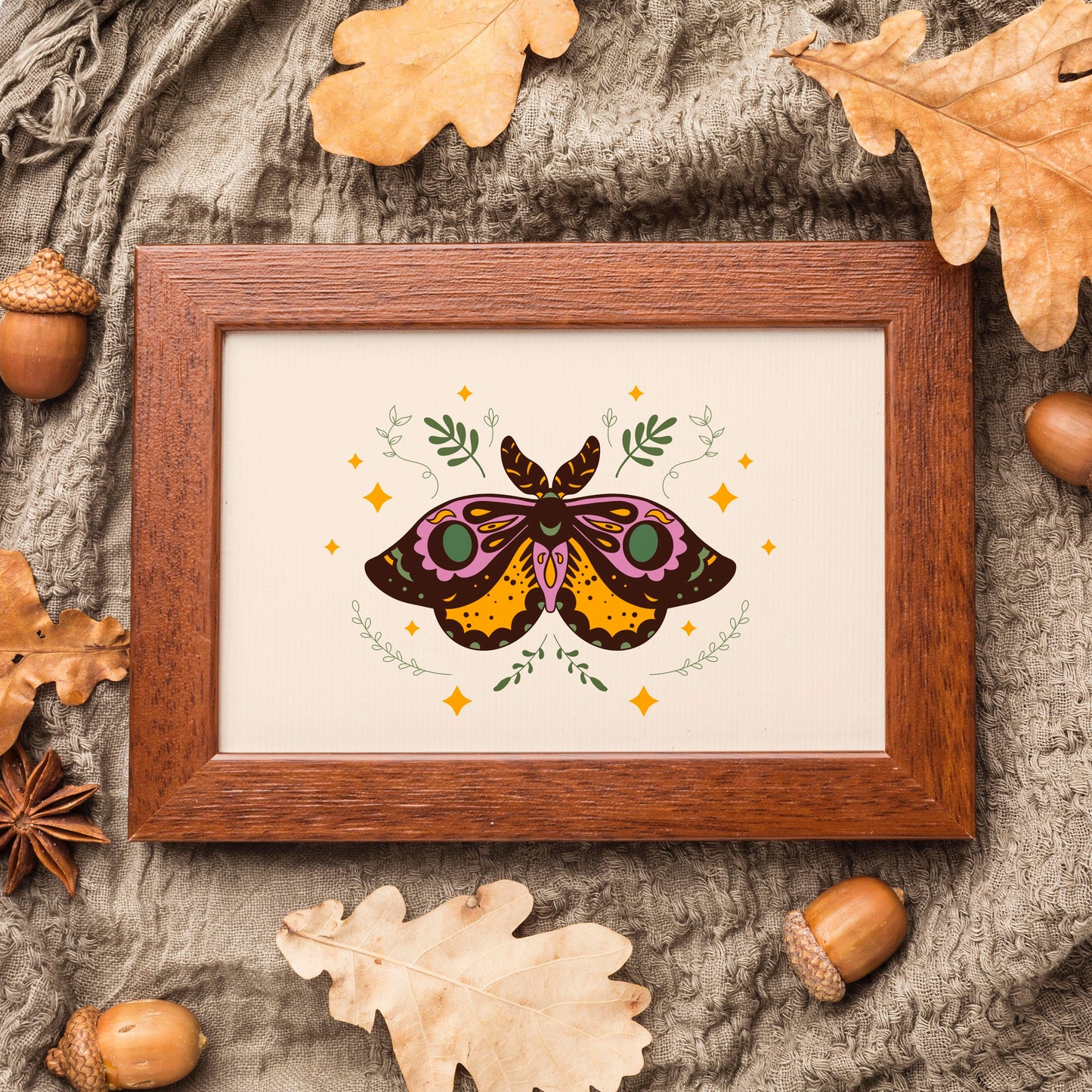 An illustration of a moth with ornate patterns on its wings. The colours are purple, mustard and teal with a neutral warm beige background.