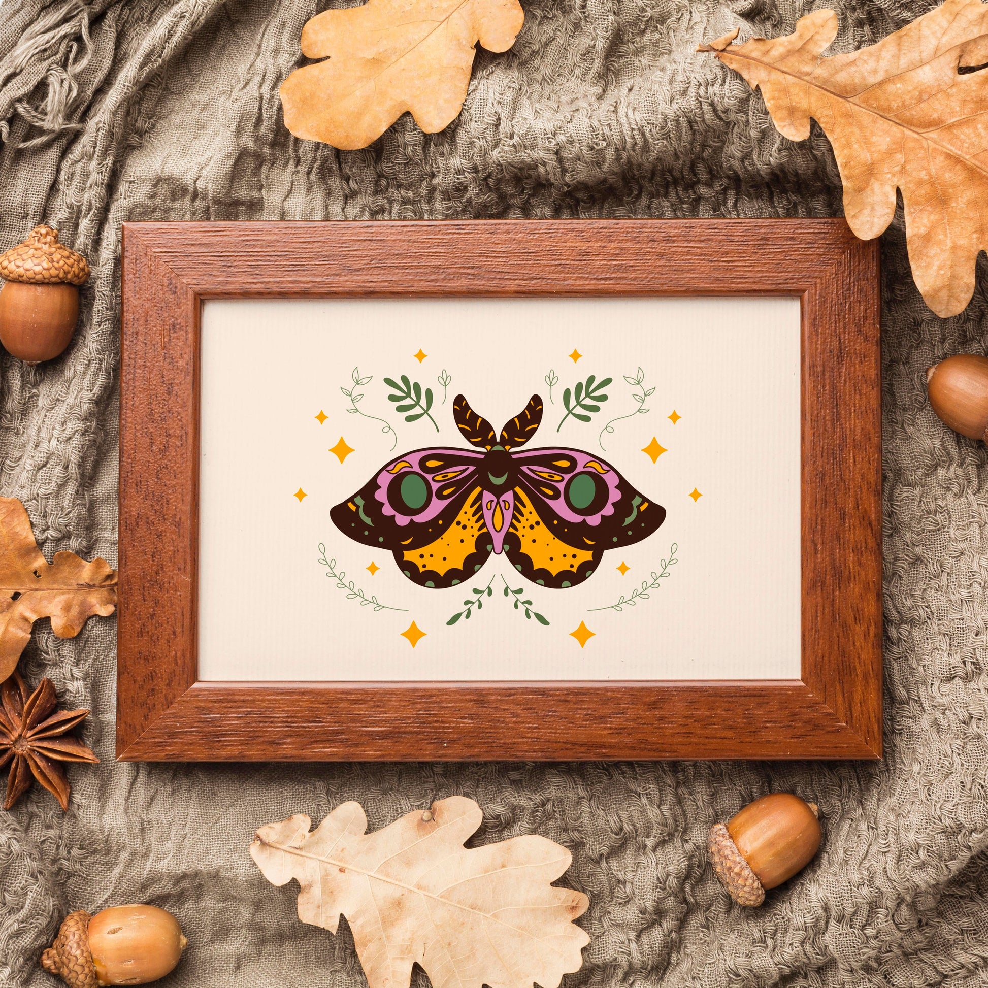 An illustration of a moth with ornate patterns on its wings. The colours are purple, mustard and teal with a neutral warm beige background.
