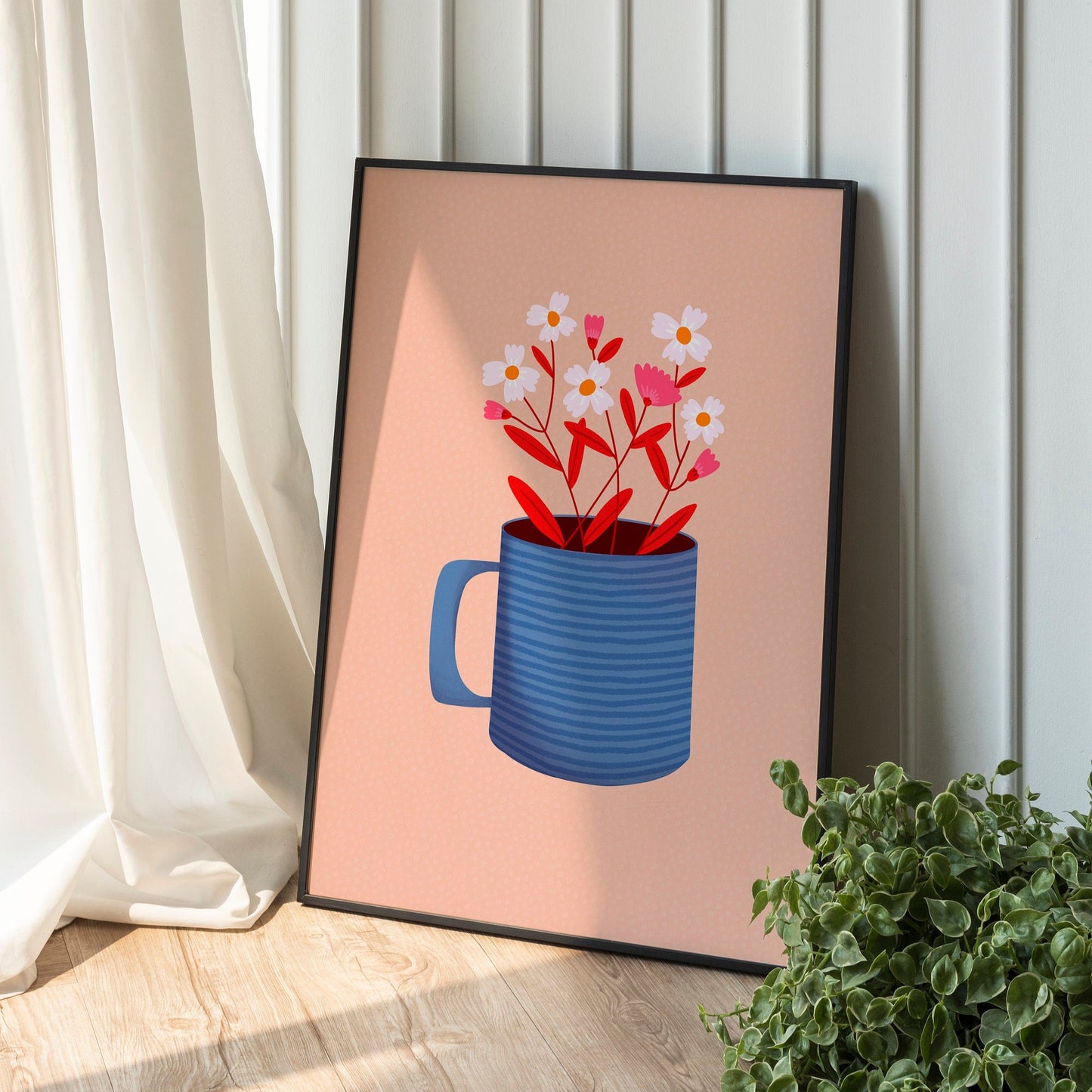 An illustration print of a blue striped mug, with a small posy of red, pink and white flowers in it, on a warm beige textured background.