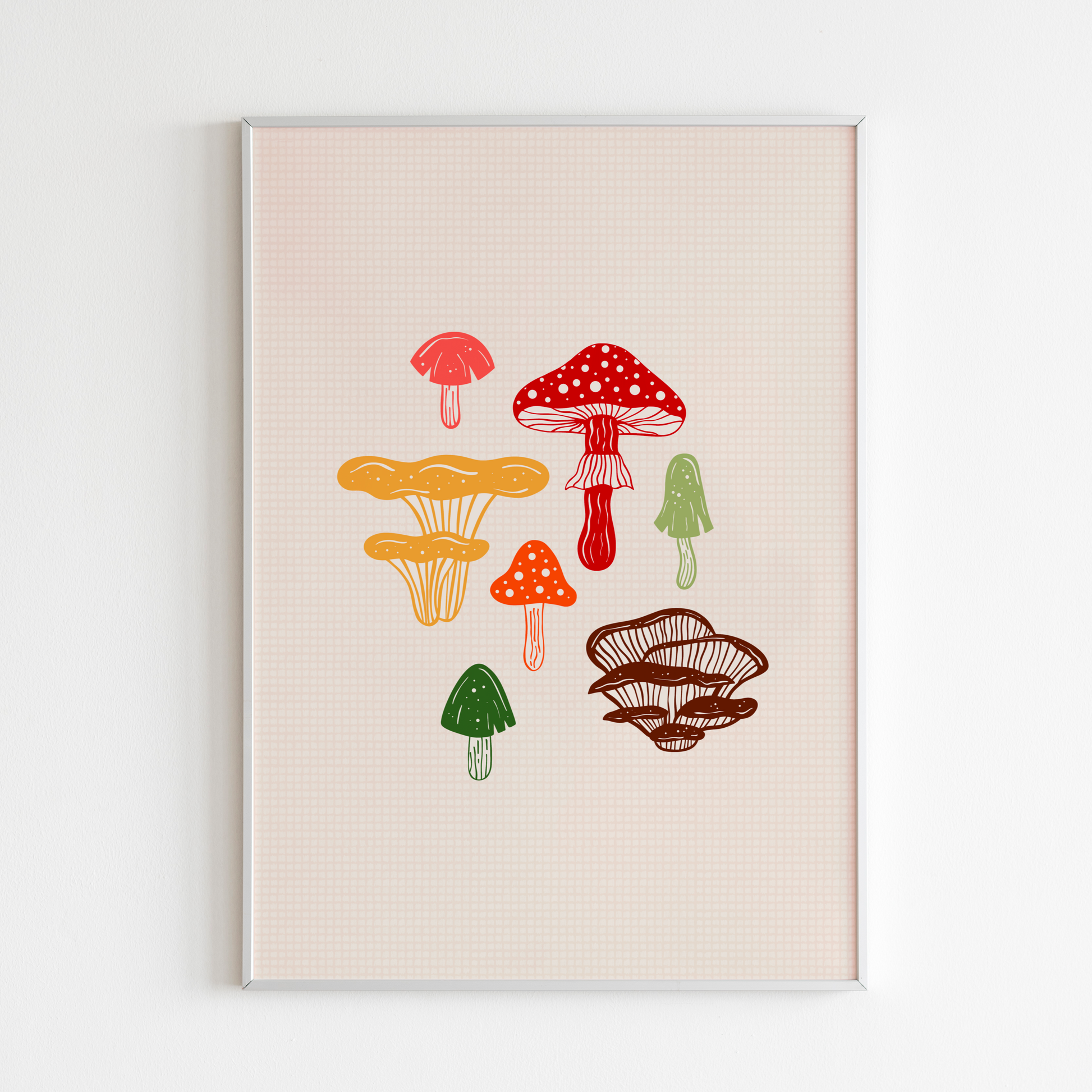 An illustrated print featuring 7 different mushrooms, in autumnal colours, shown in a frame.