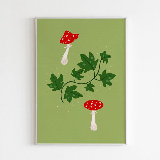 An illustration of two toadstool mushrooms and some ivy, on a green background.