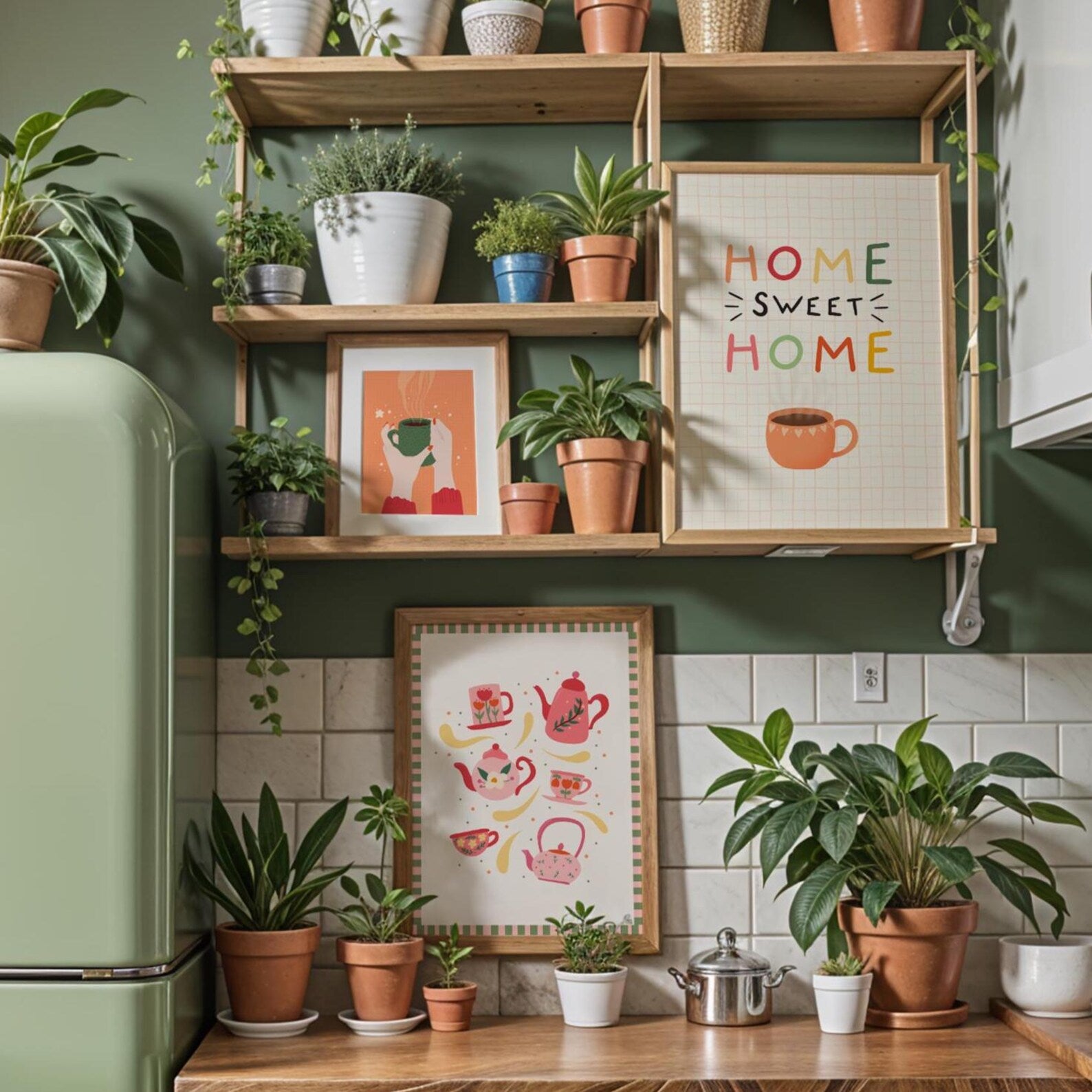 Nestled kitchen corner with wooden shelves, plants, and framed pictures on a green wall.