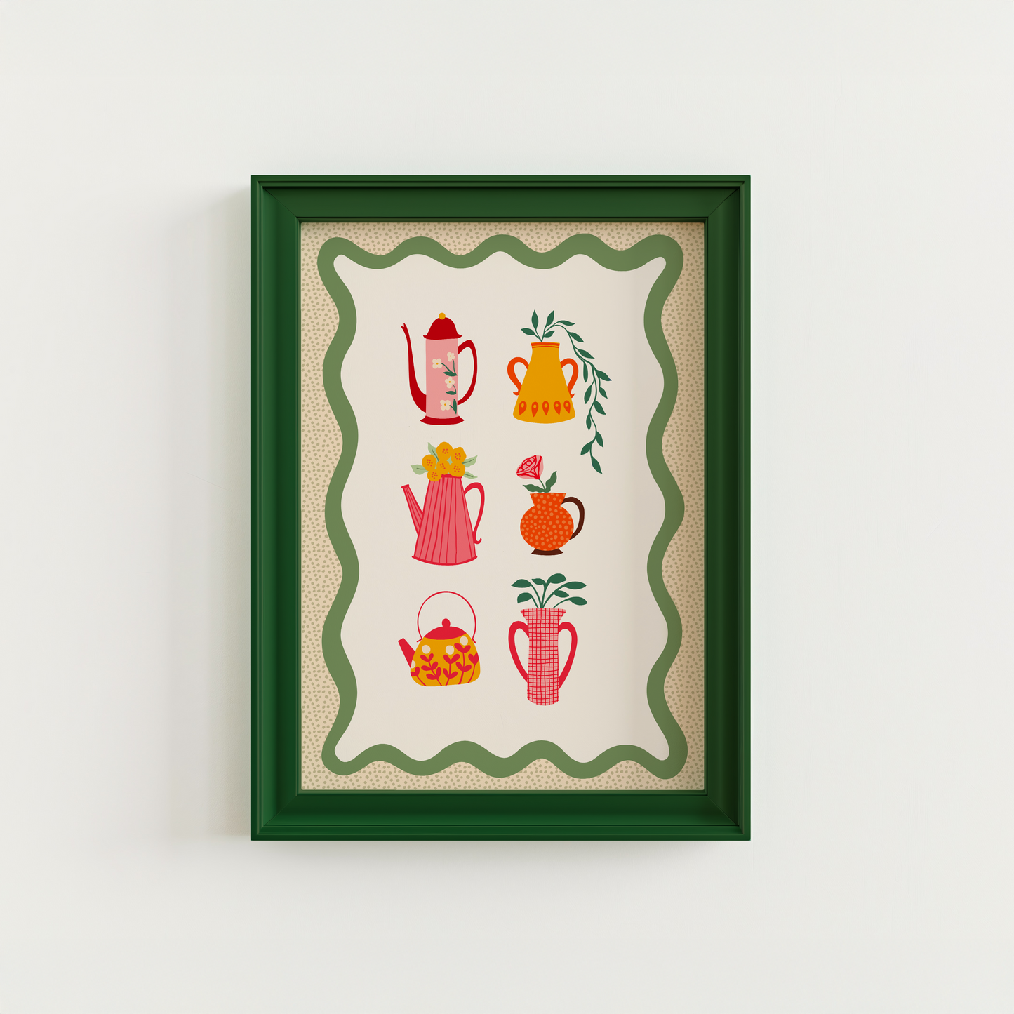 Illustrations of different colourful pots and vases with floral patterns or flowers in them, sat on a cream background with a green wavy border.