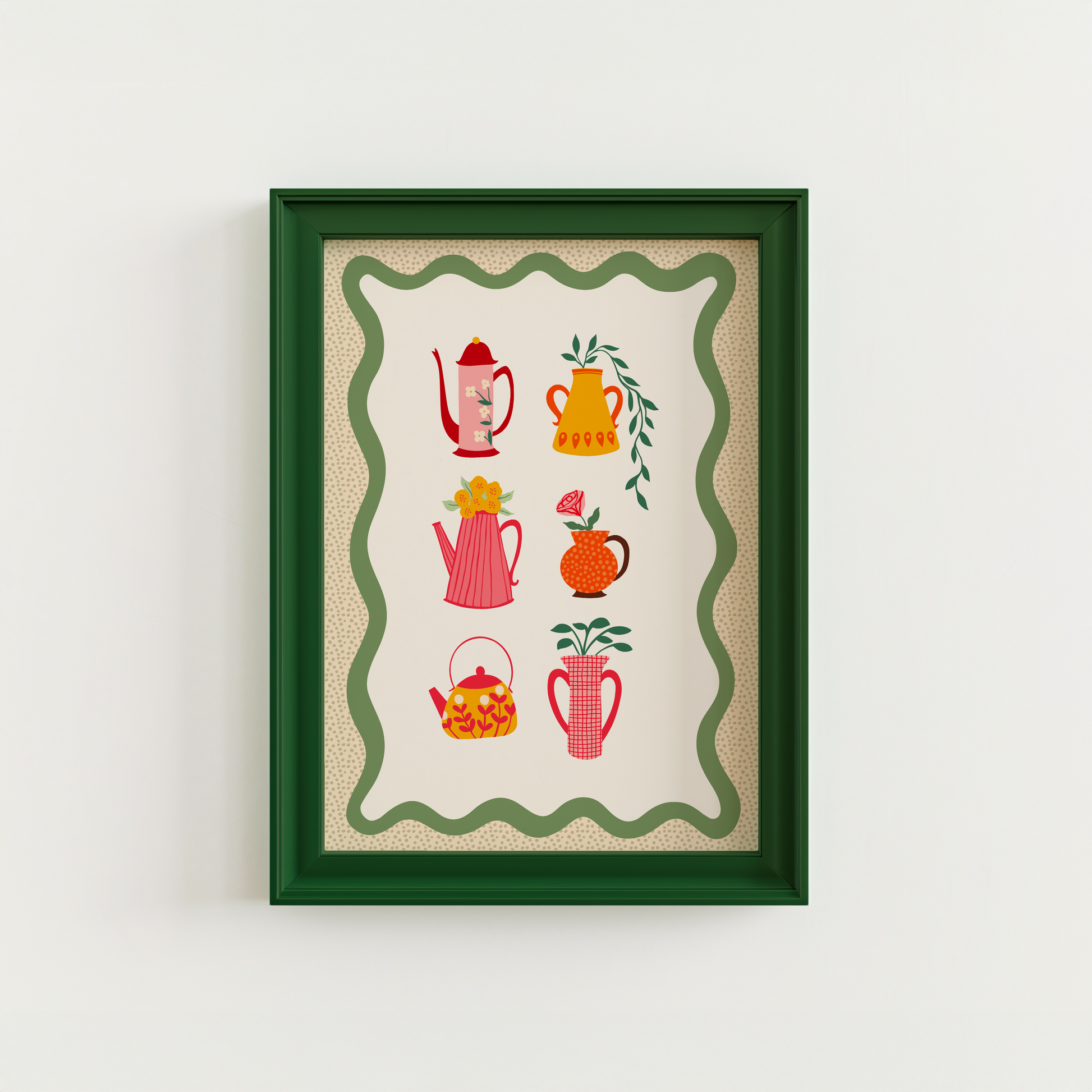 Illustrations of different colourful pots and vases with floral patterns or flowers in them, sat on a cream background with a green wavy border.