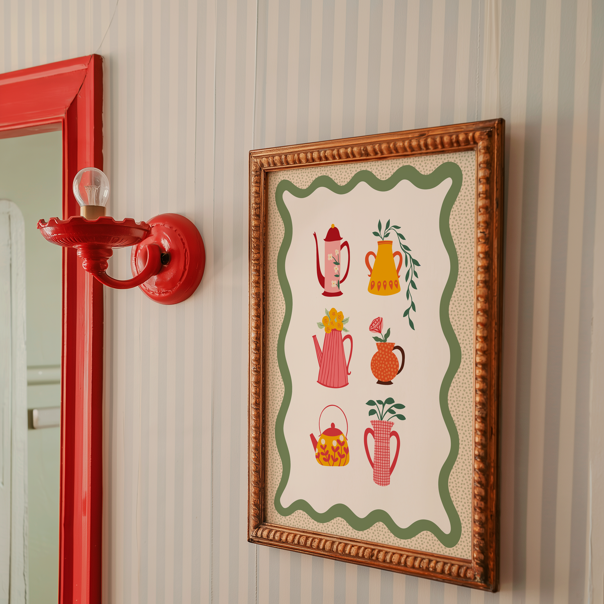 Illustrations of different colourful pots and vases with floral patterns or flowers in them, sat on a cream background with a green wavy border.